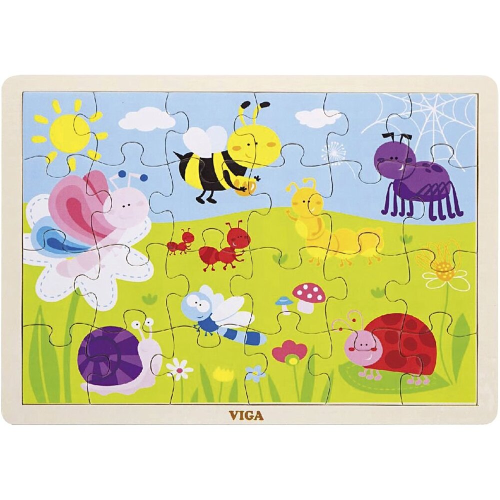 VIGA 24 Pcs Flat Wooden Puzzle w/Tray -Park Insects New Sealed For Age 2+